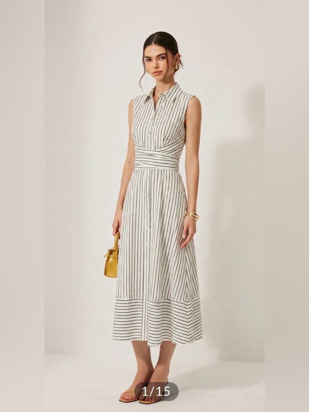 Commense Striped Collared Tie Waist Midi Dress